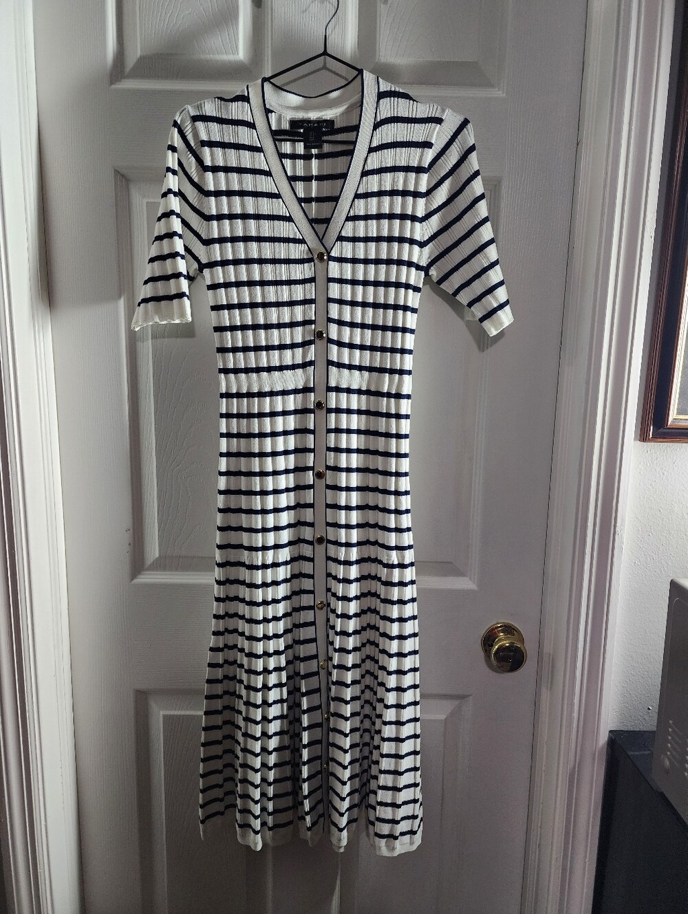 Tahari Navy & White Striped Button-Front Midi Dress
